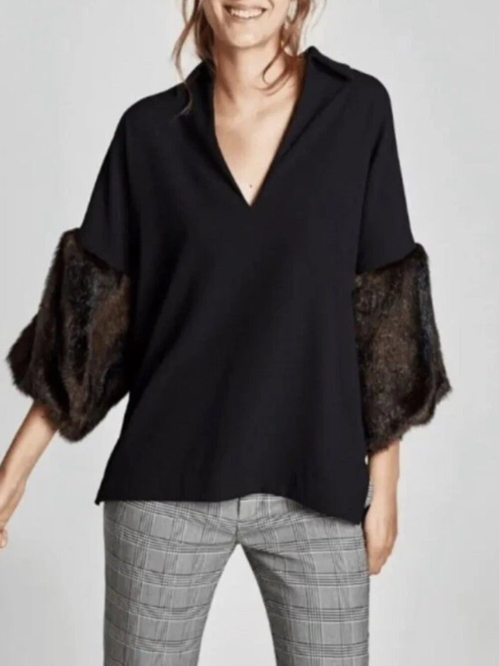 Zara Black V-Neck Top Blouse Shirt Faux Fur Cuffed Sleeves S